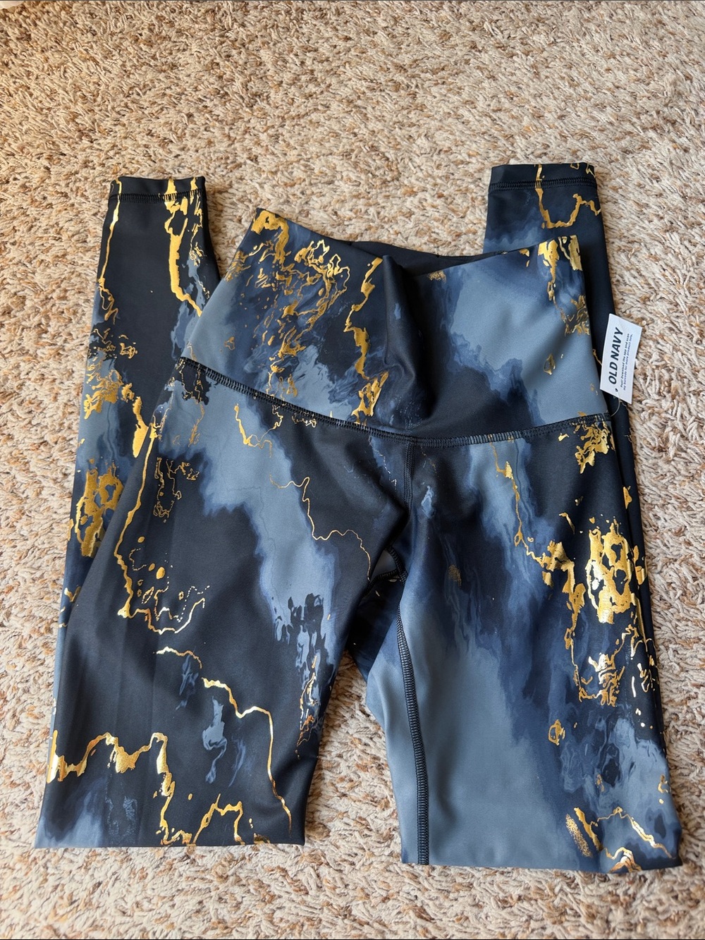 Navy blue and gold metallic foil marble leggings Old Navy size XS NWT